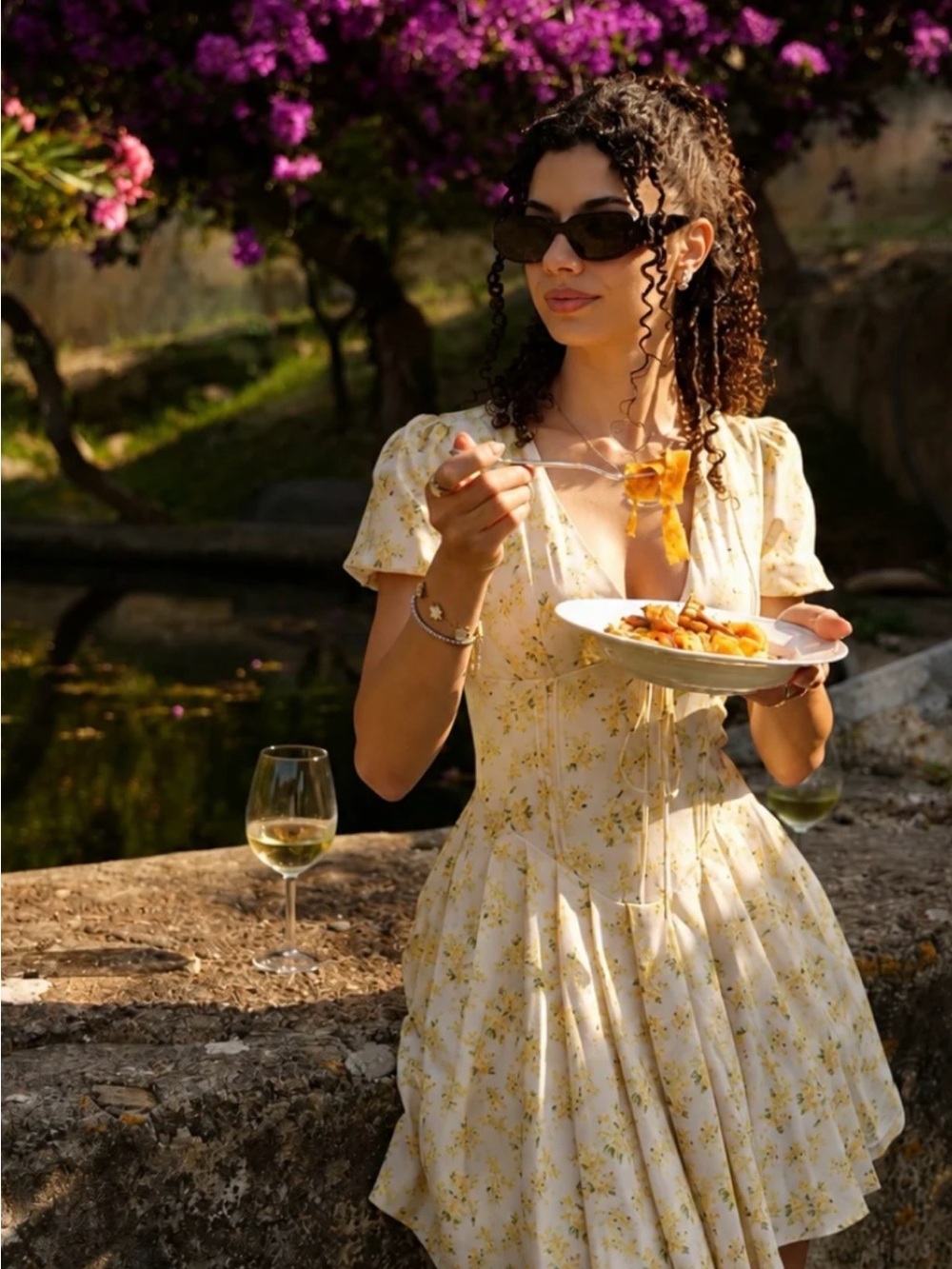 Commense Pale Yellow Floral V-Neck Puff Sleeve Mini Dress XS - Picture 2 of 6